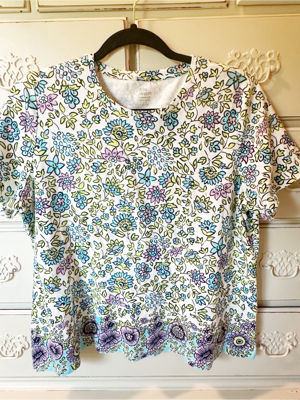Kim Rogers White Floral Short-Sleeve Tee with Blue, Purple & Green Print